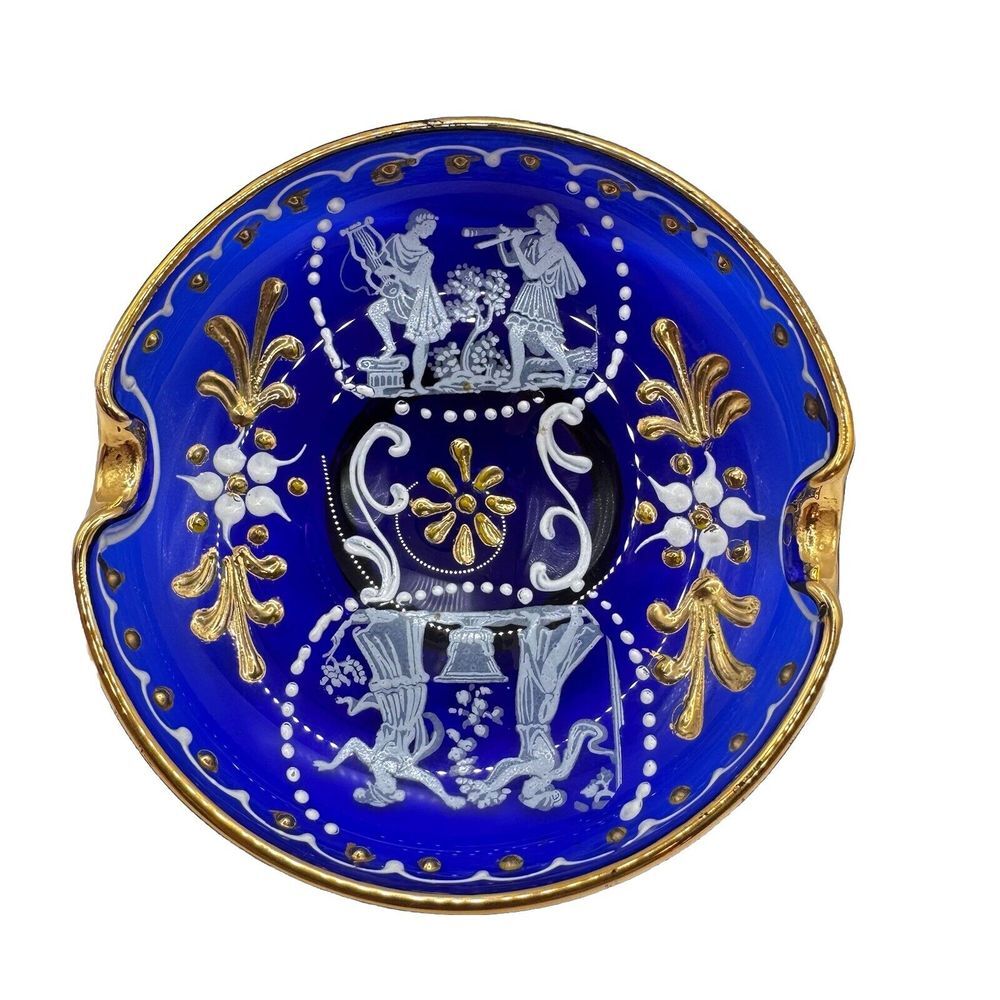 Murano Cobalt Blue Thick Glass Ashtray Hand Painted Intricate Gold White Detail